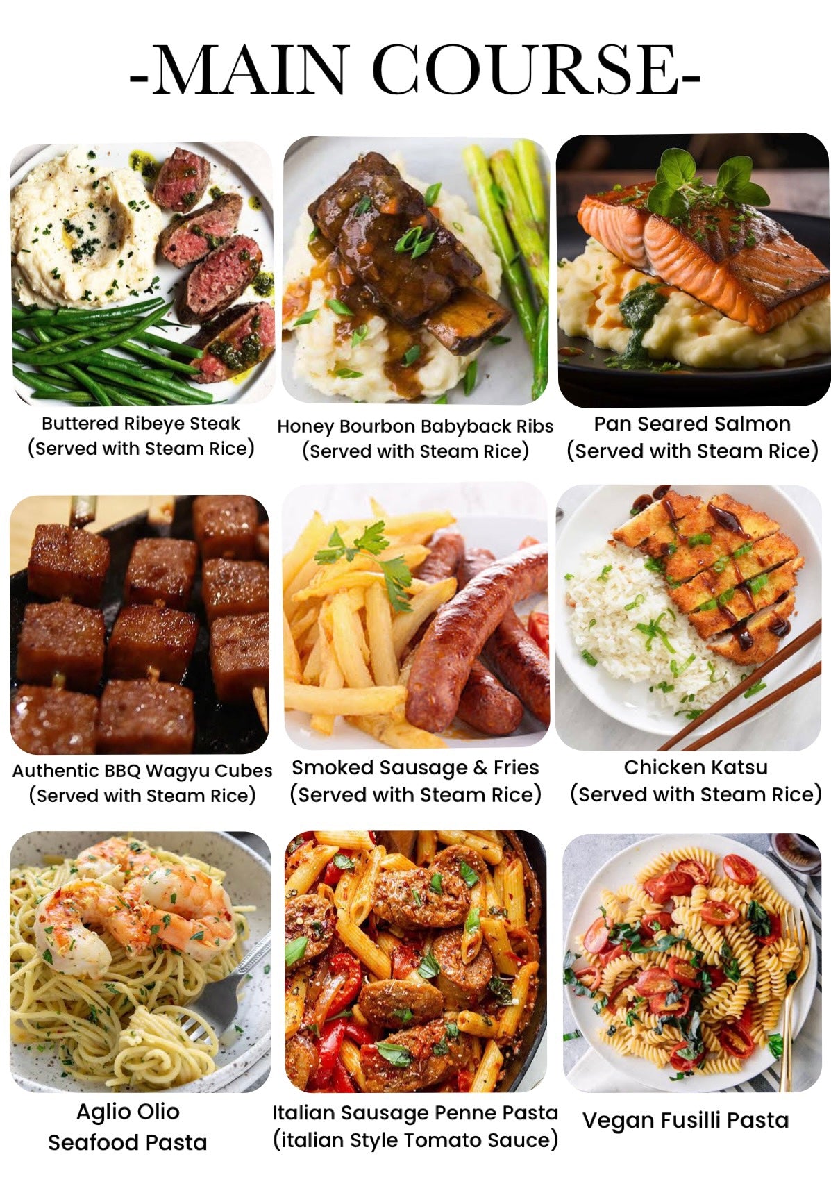 Main Course Menu Example In Room Dining Menu – Scenery Spa